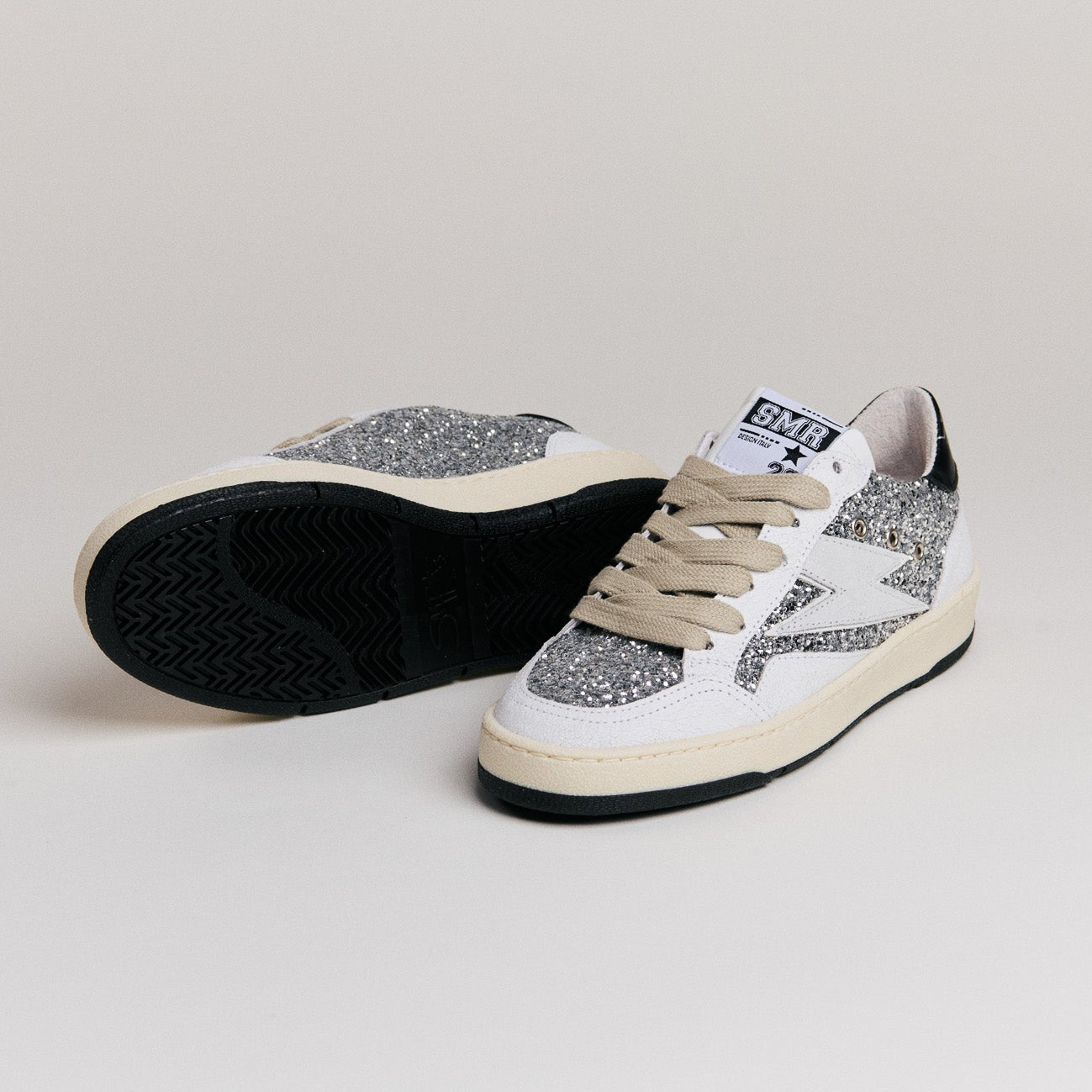 Sneakers SMR23 Dany C317 - Glitter Argent & Cuir Crack