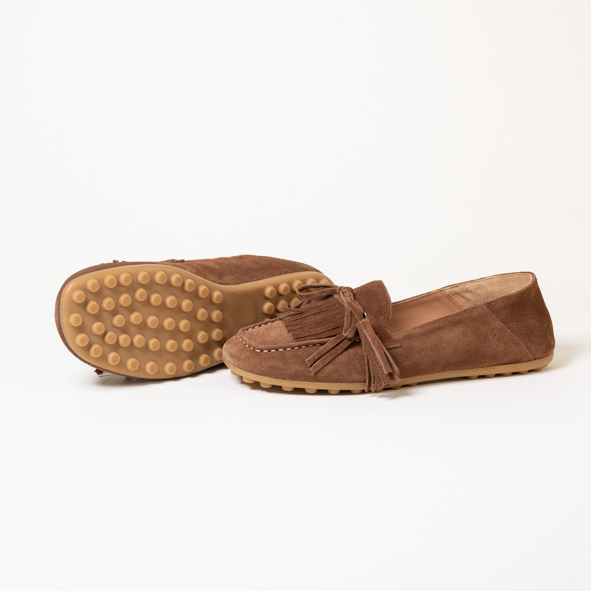 Mocassins 186 Camoscio Tabacco — Frange, lacet noué à pompons et surpiqûres apparentes