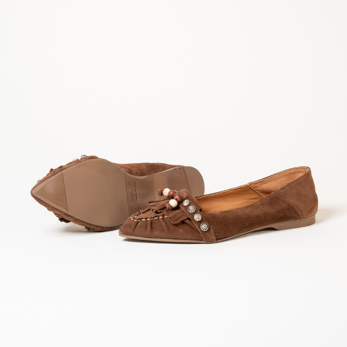 Mocassins VOGUE 01 Camoscio Tabacco — Frange, perles de bois, clous métal décoratifs et bout pointu