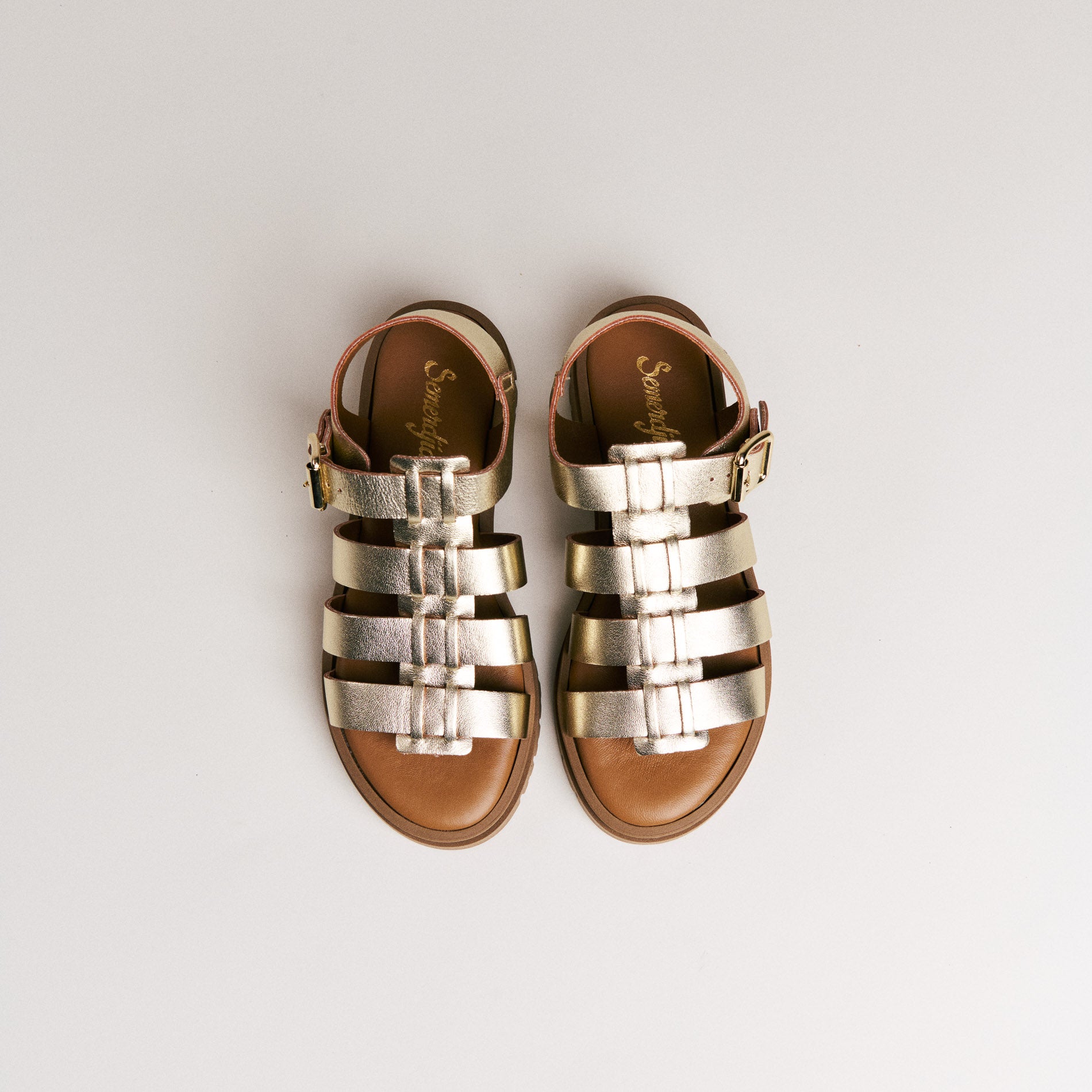 Sandales femme Semerdjian Delia cuir laminato platino miele fabriqué en Europe